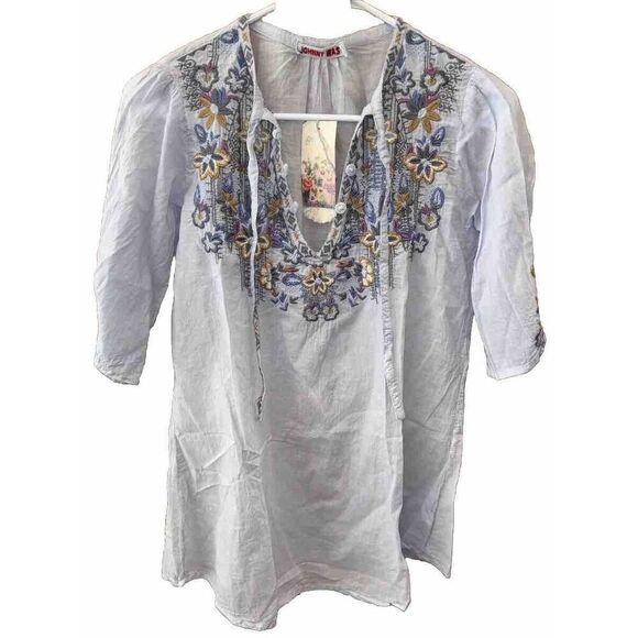 Johnny Was Tanya Tonal Periwinkle Blouse S 3/4 Sleeve Pullover Embroidered Cotto - Picture 1 of 9